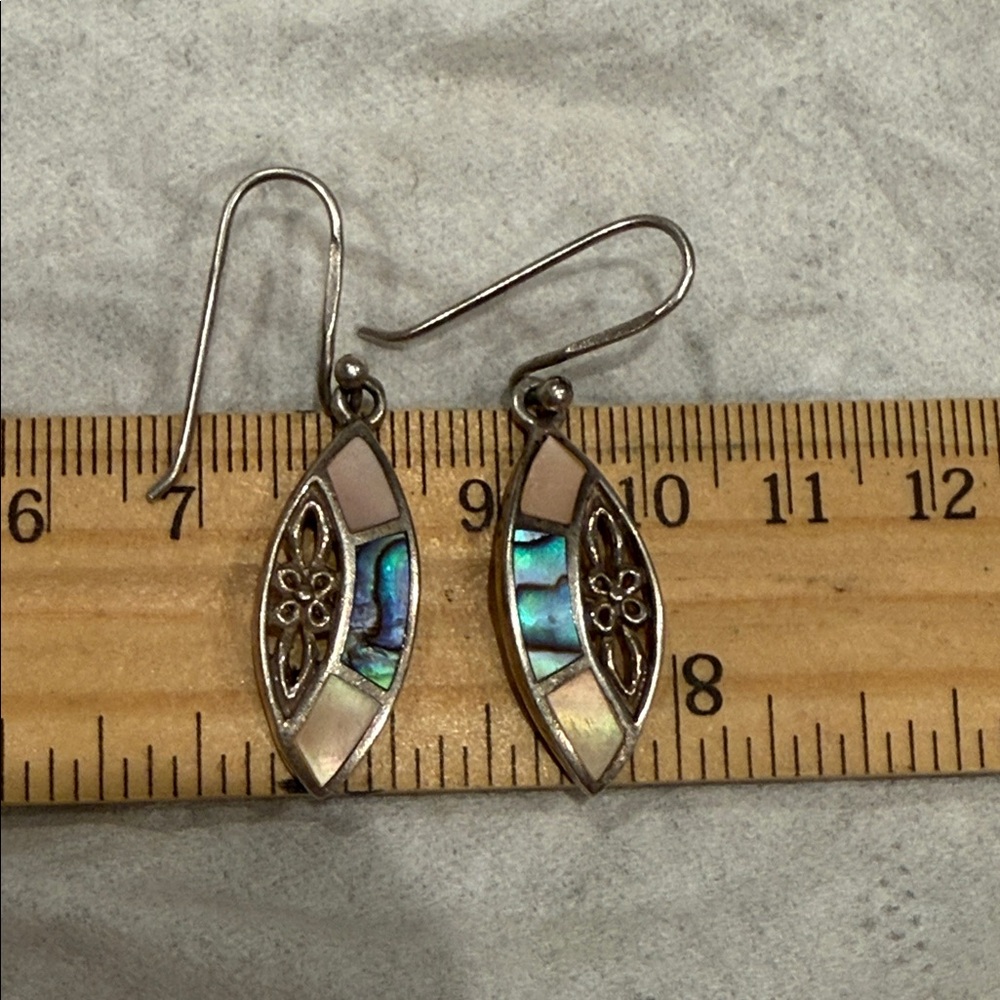 Silver Abalone Inlay Dangle Earrings - Iridescent Blue & Cream